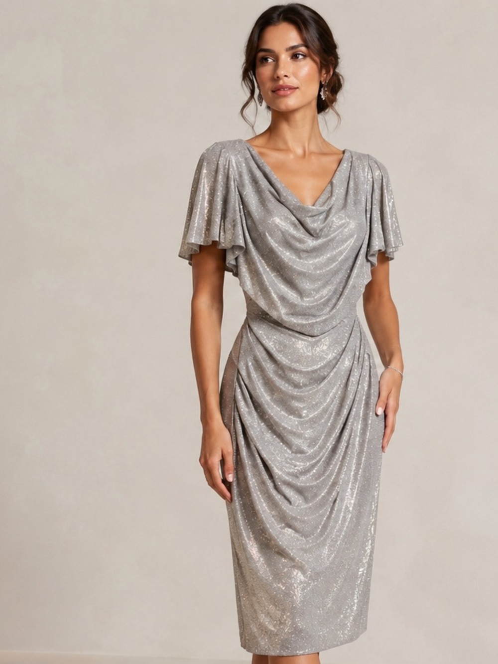 Betsy & Adam Silver Draped Cowl Midi Dress size 14